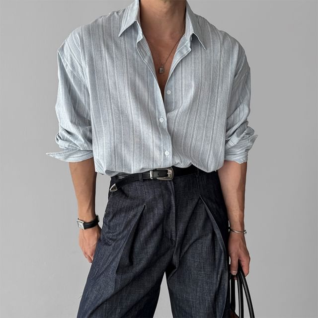 GRAYCIOUS-Long Sleeve Collared Striped Shirt