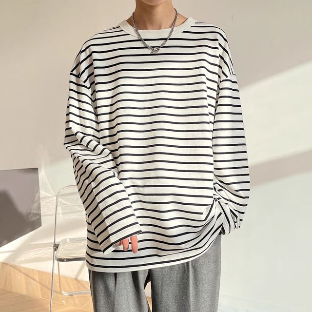 GRAYCIOUS-Long-Sleeve Crew Neck Striped T-Shirt