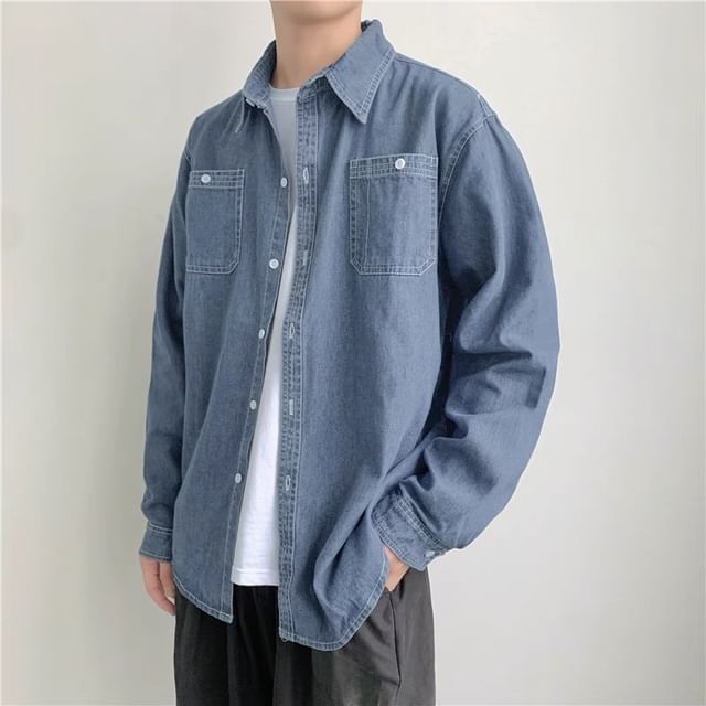 GRAYCIOUS-Long-Sleeve Denim Pocketed Shirt
