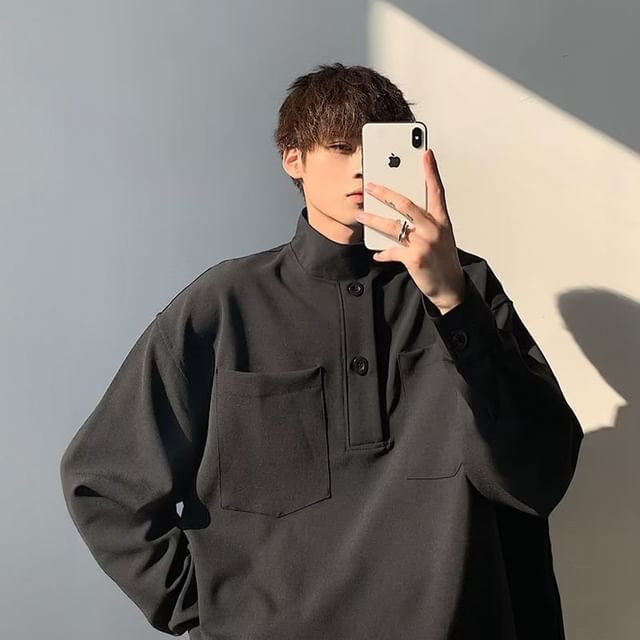 GRAYCIOUS-Long-Sleeve Henley Plain Pocket Front Shirt