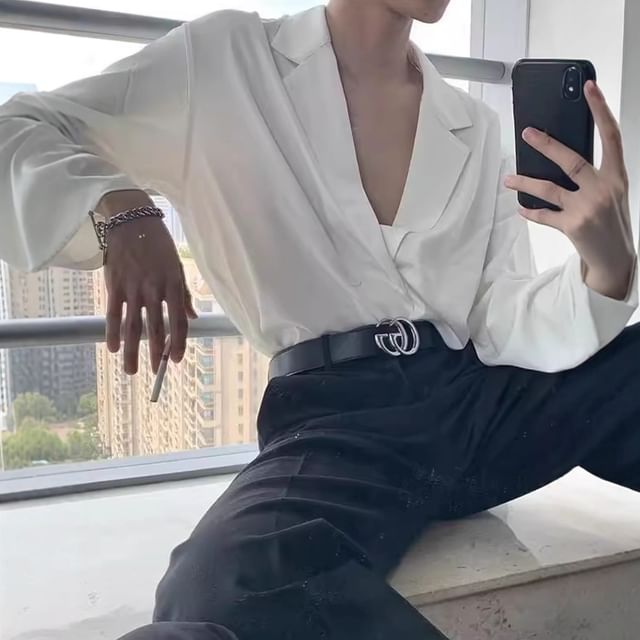 GRAYCIOUS-Long-Sleeve Lapel Collar Plain Button Up Shirt