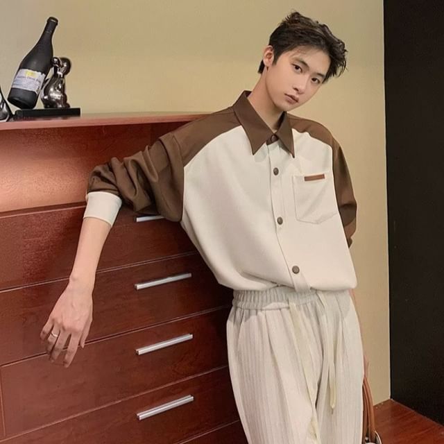 GRAYCIOUS-Long-Sleeve Two Tone Pocket Front Shirt
