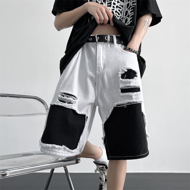 GRAYCIOUS-Mid Rise Two Tone Distressed Panel Jorts