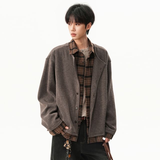 GRAYCIOUS-Mock Two-Piece Collared Plaid Panel Button-Up Jacket