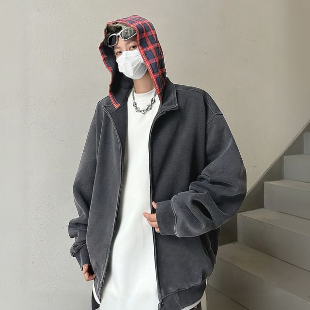 GRAYCIOUS-Mock Two-Piece Plaid Panel Hooded Zip-Up Jacket