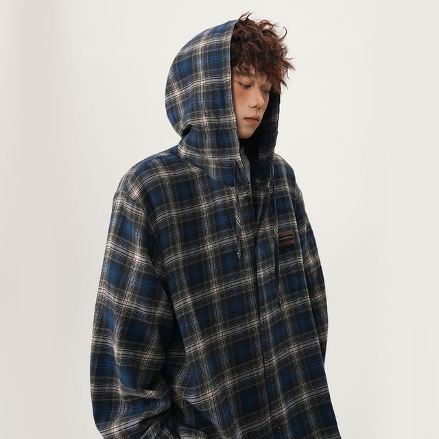 GRAYCIOUS-Plaid Hooded Button-Up Shirt