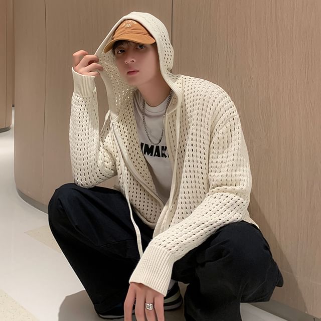 GRAYCIOUS-Plain Hooded Pointelle Knit Zip Cardigan