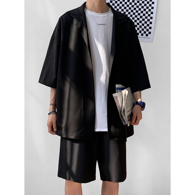 GRAYCIOUS-Set 34-Sleeve Notch Lapel Button-Up Plain Shirt Drawstring Waist Wide Leg Shorts