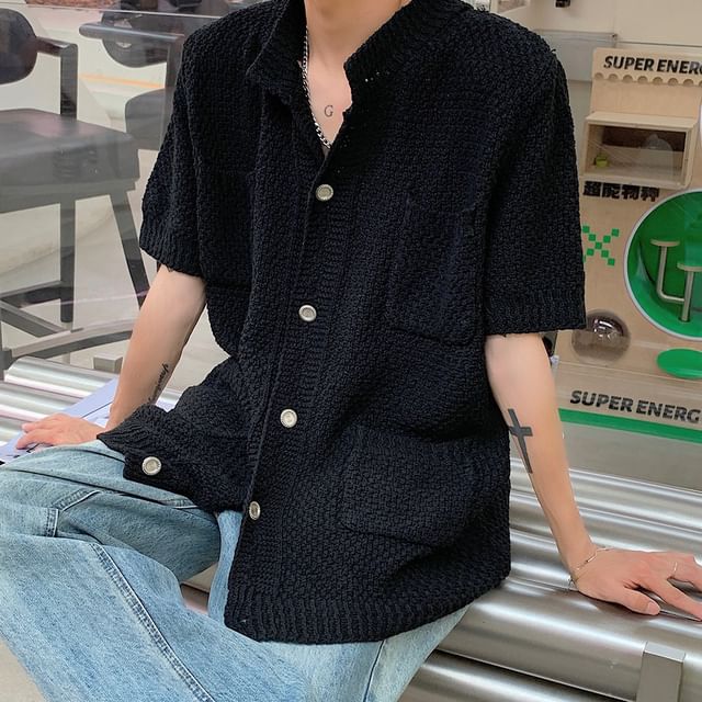 GRAYCIOUS-Short-Sleeve Button-Up Knit Top