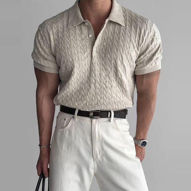GRAYCIOUS-Short-Sleeve Collar Plain Cable-Knit Top