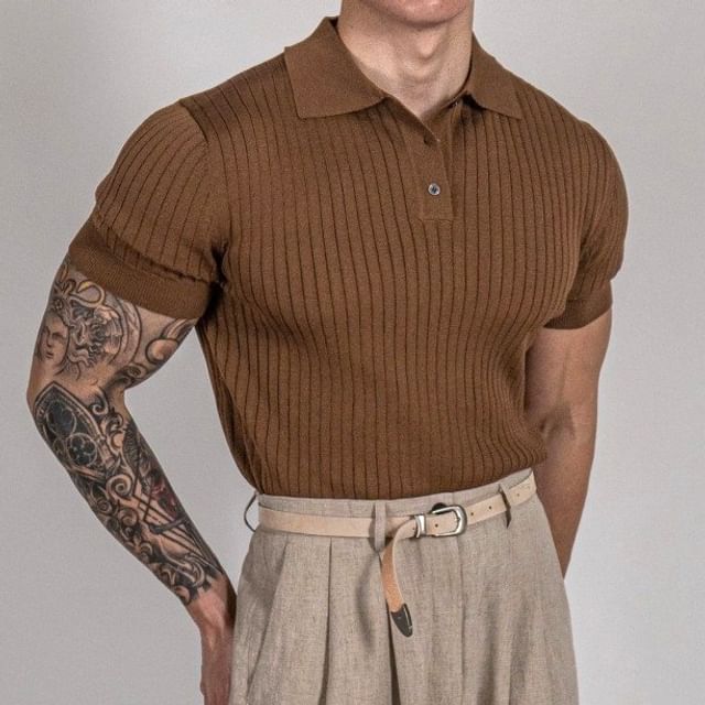 GRAYCIOUS-Short-Sleeve Collar Plain Ribbed T-Shirt
