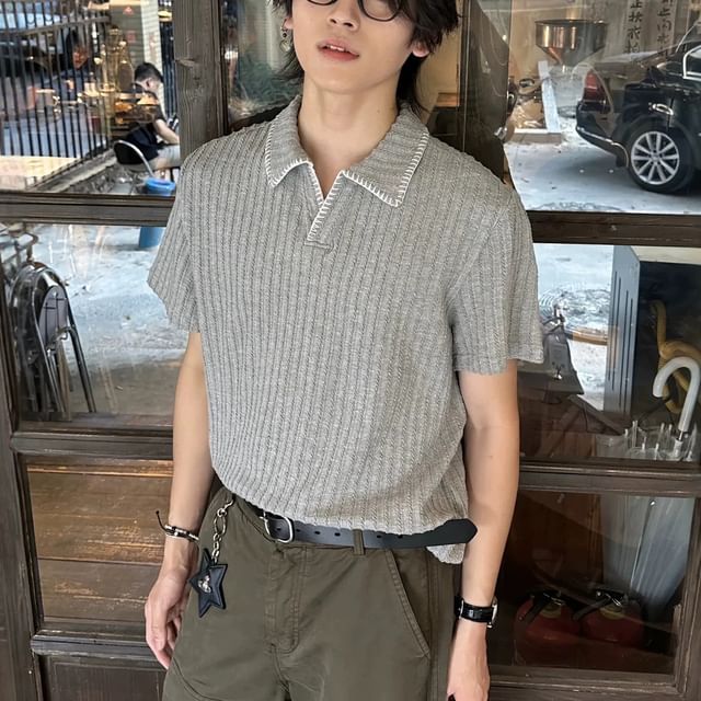 GRAYCIOUS-Short-Sleeve Contrast Stitching Ribbed Polo Shirt