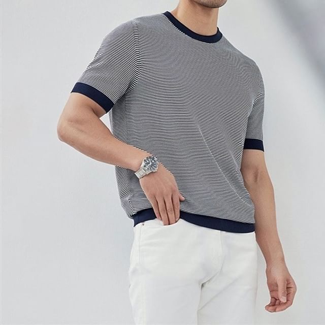 GRAYCIOUS-Short-Sleeve Crew Neck Pinstriped T-Shirt