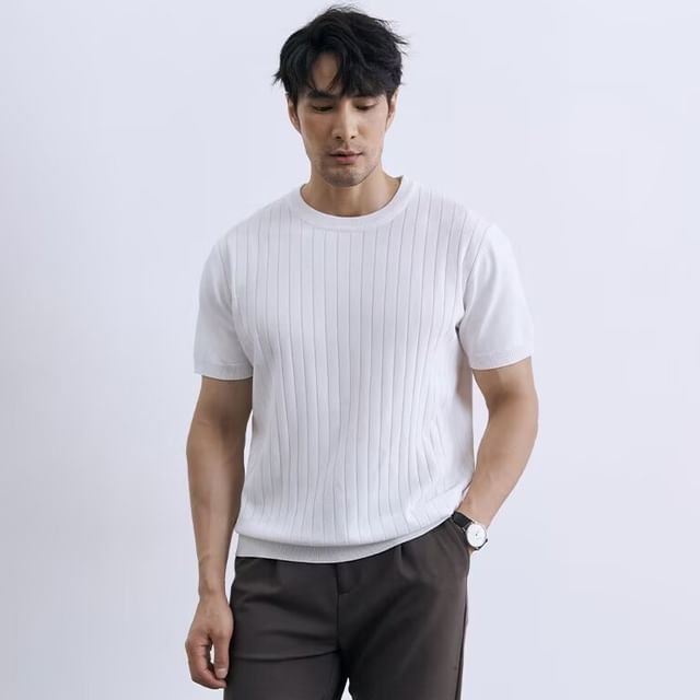 GRAYCIOUS-Short-Sleeve Crew Neck Plain Ribbed T-Shirt