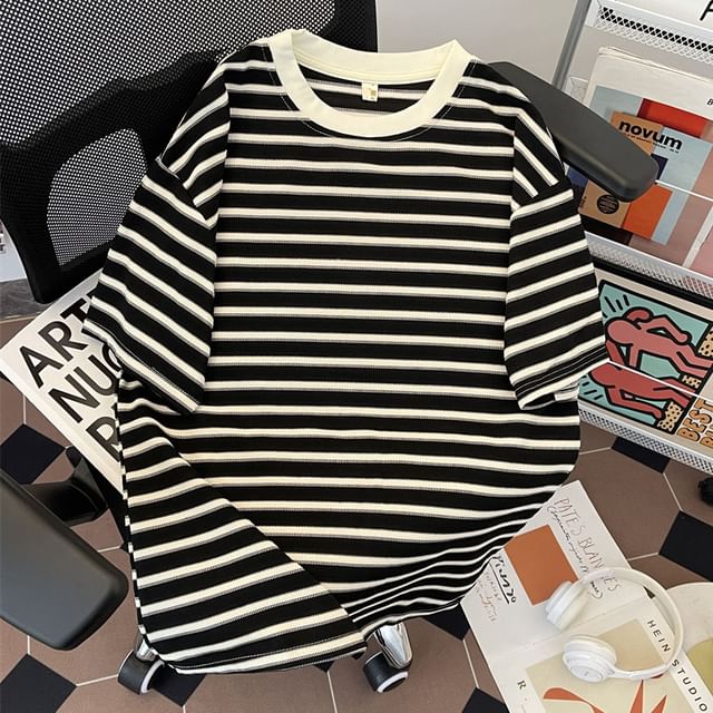 GRAYCIOUS-Short-Sleeve Crew Neck Striped T-Shirt
