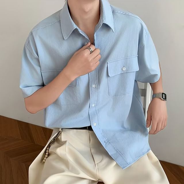 GRAYCIOUS-Short-Sleeve Plain Pocket Front Shirt
