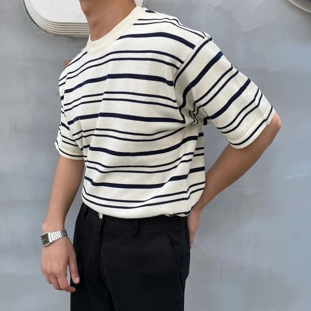 GRAYCIOUS-Short-Sleeve Round Neck Striped Knit Top