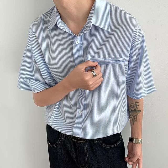 GRAYCIOUS-Short-Sleeve Striped Shirt