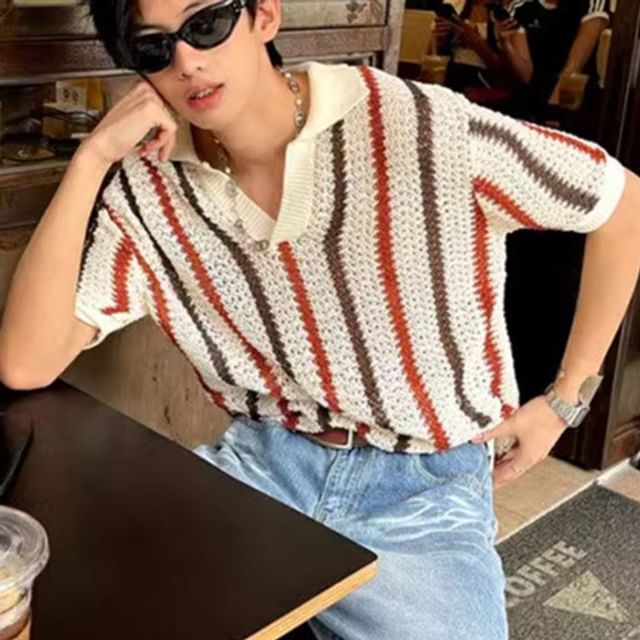 GRAYCIOUS-Short Sleeve V-Neck Collared Striped Knit Top
