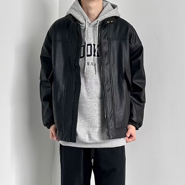 GRAYCIOUS-Stand Collar Faux Leather Plain Zip Jacket