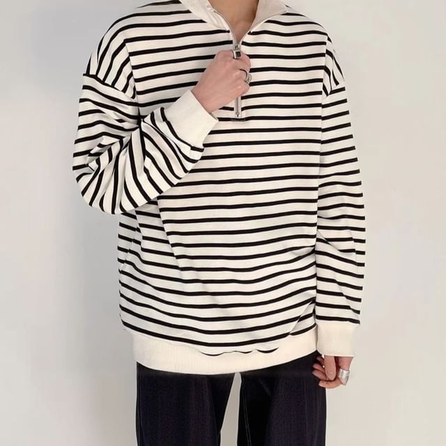 GRAYCIOUS-Stand Collar Half Zip Striped Sweatshirt
