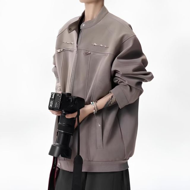 GRAYCIOUS-Stand Collar Plain Faux Leather Oversized Zip Jacket