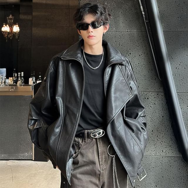 GRAYCIOUS-Stand Collar Plain Faux Leather Zip Biker Jacket