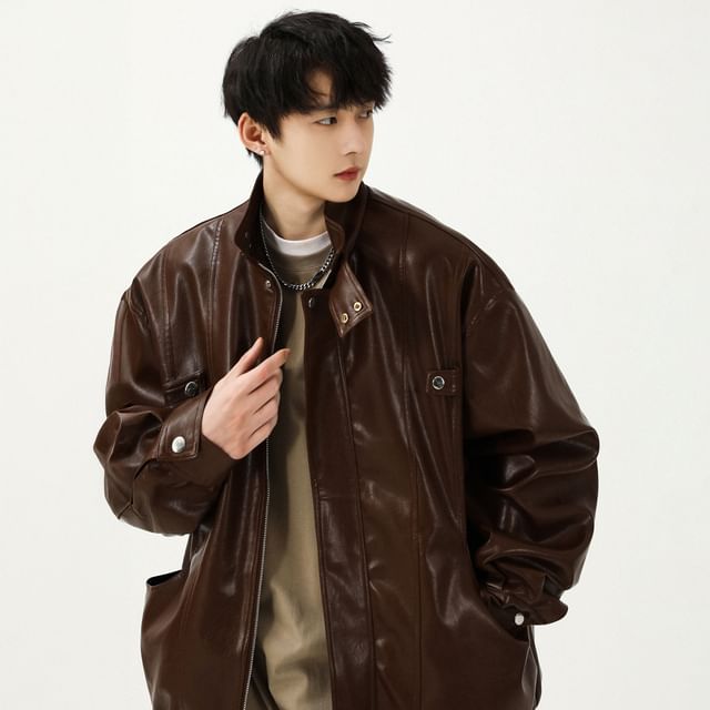 GRAYCIOUS-Stand Collar Plain Faux Leather Zip Jacket