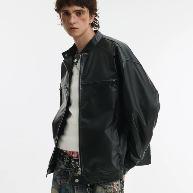 GRAYCIOUS-Stand Collar Plain Faux Leather Zip Jacket