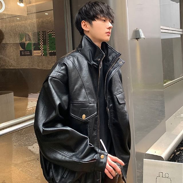 GRAYCIOUS-Stand Collar Plain Faux Leather Zip Jacket
