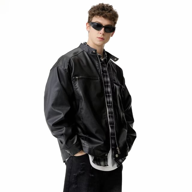 GRAYCIOUS-Stand Collar Plain Faux Leather Zip Jacket