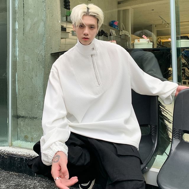 GRAYCIOUS-Stand Collar Plain Half Zip Oversized Sweatshirt