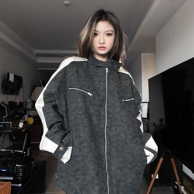 GRAYCIOUS-Two Tone Faux Leather Oversized Zip Jacket