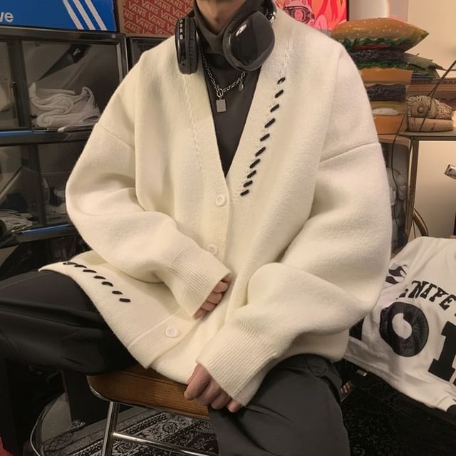 GRAYCIOUS-V-Neck Stitching Detail Oversized Cardigan