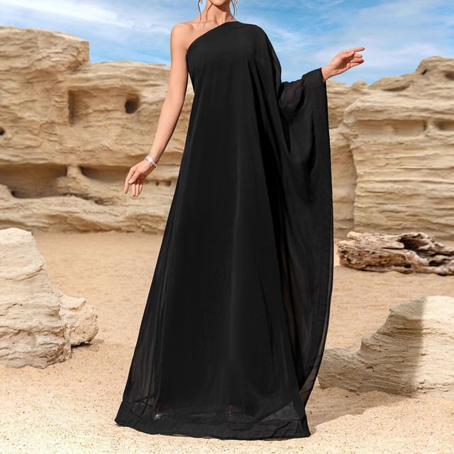 batwing one shoulder dress Beaded Embroidered One Shoulder Batwing Sleeve Dress 46FR - 18UK
