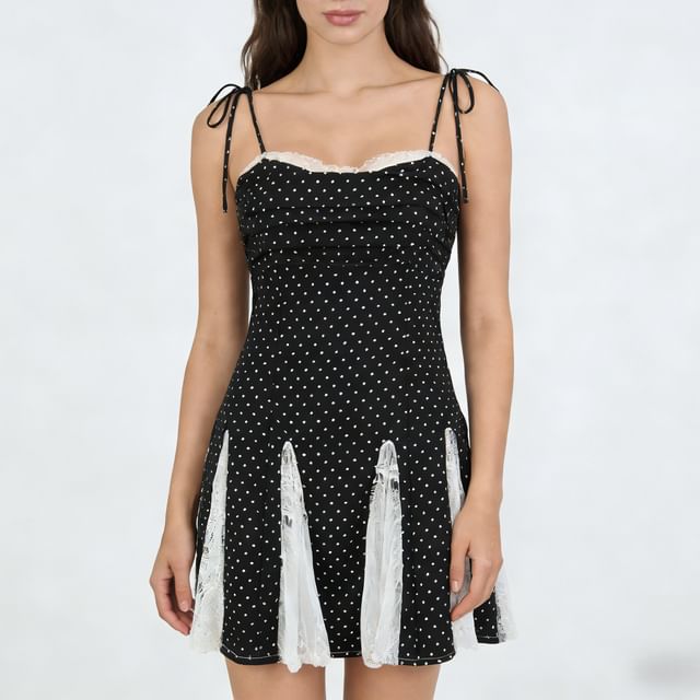 Grizelda-Halter Dotted Panel Lace Mini A-Line Dress