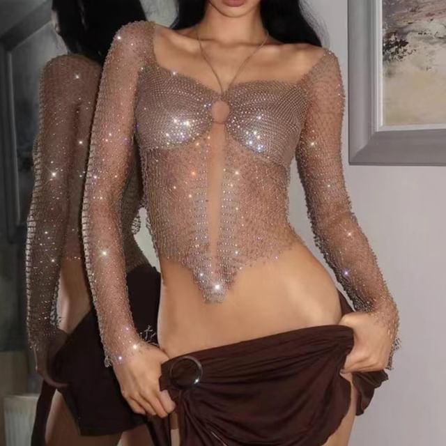 Grizelda-Long-Sleeve Fishnet Glitter Crop Top