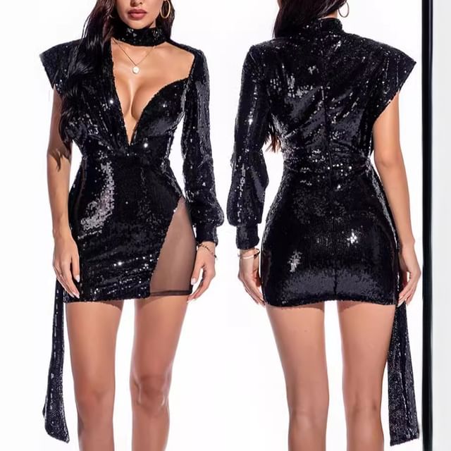Grizelda-Long-Sleeve Mock Neck Sequin Asymmetrical Mesh Panel Cutout Mini Bodycon Dress