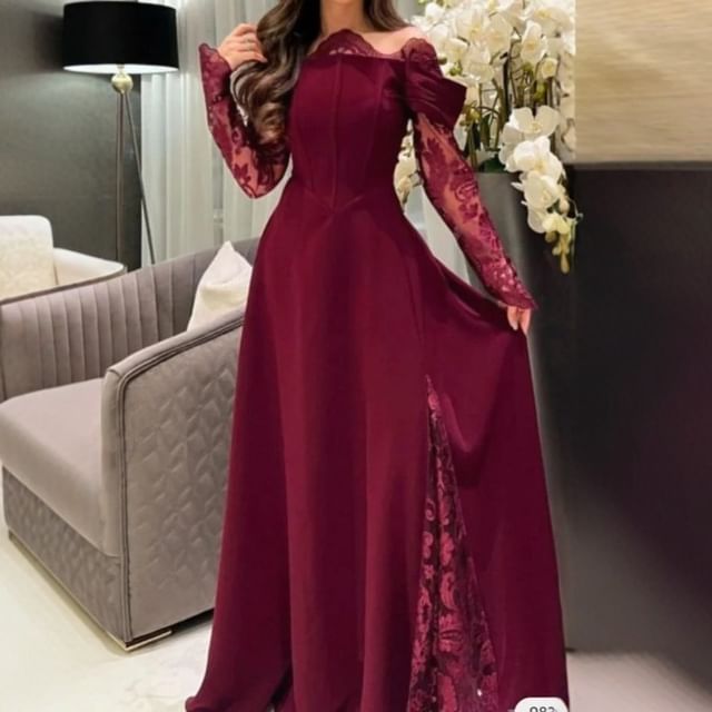 Grizelda-Long Sleeve Off Shoulder Plain Panel Lace A-Line Evening Gown