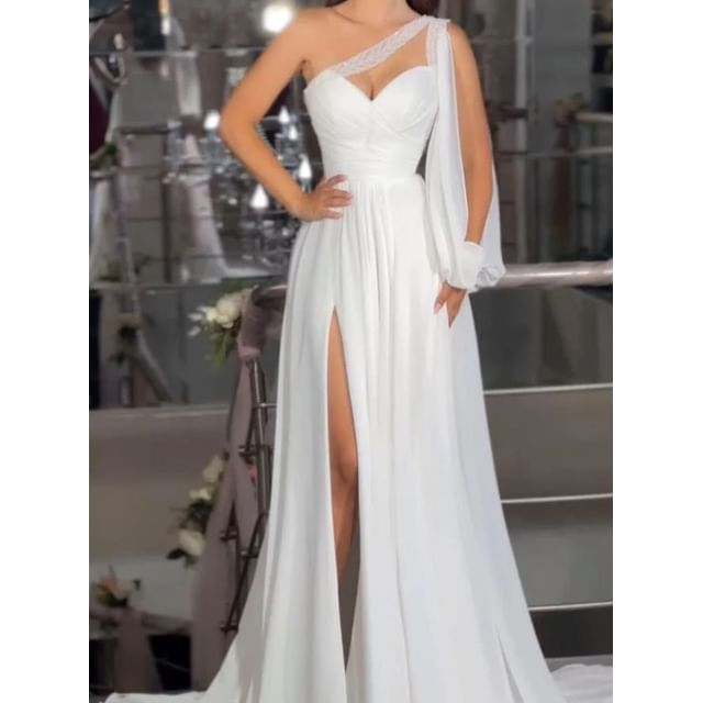 Grizelda-Sleeveless One Shoulder Plain Slit Panel Mesh A-Line Wedding Gown