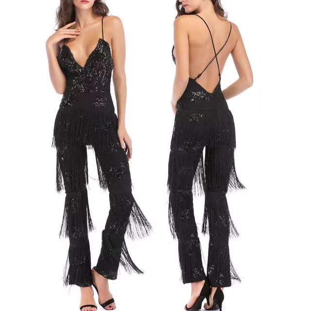 Grizelda-Spaghetti Strap Deep Plunge Sequin Fringed Open Back Flared Jumpsuit