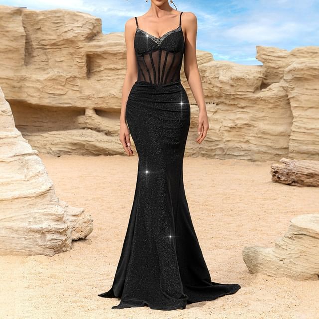 Grizelda-Spaghetti Strap Plain Glitter Panel Mesh Trumpet Evening Gown