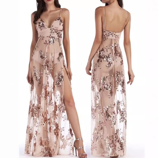 Grizelda-Spaghetti Strap V-Neck Sequin Open Back Sheer Slit Maxi A-Line Dress