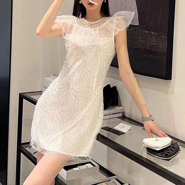 Gultown-Cap-Sleeve Plain Bead Mesh Mini Sheath Dress