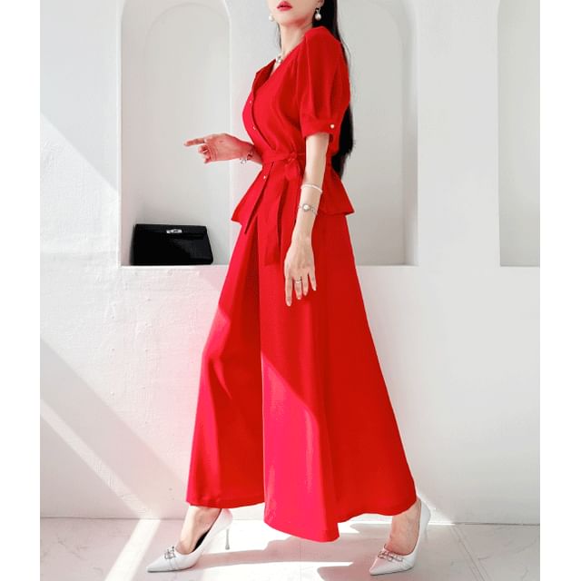 GUMZZI-Vivid Set Puff-Sleeve Blouse Sash Culottes