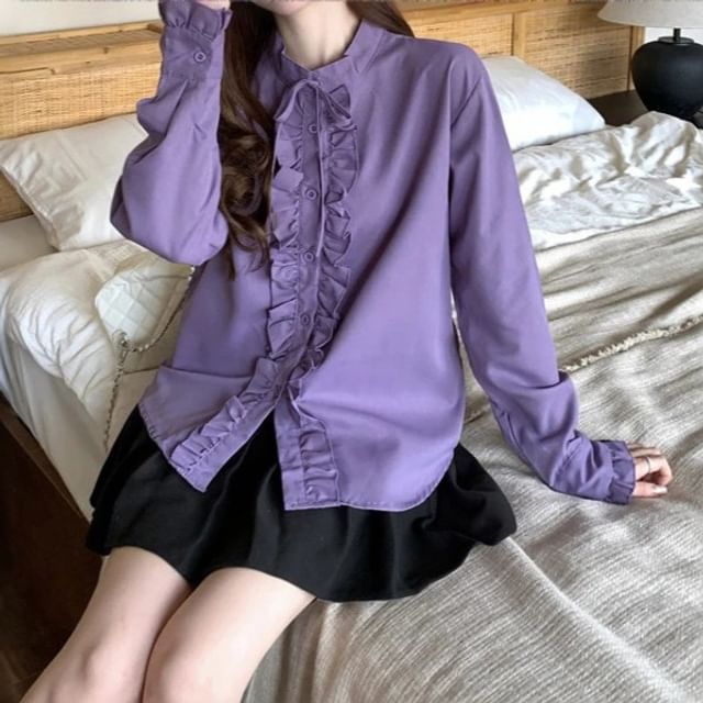 Gwendolyn-Puff-Sleeve Plain Ruffled Button-Up Blouse