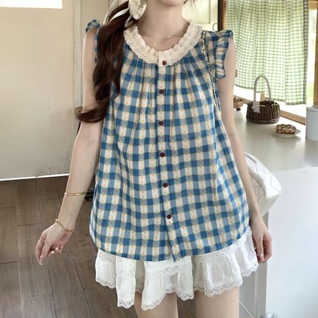 Gwendolyn-Sleeveless Gingham Ruffled Button-Up Blouse