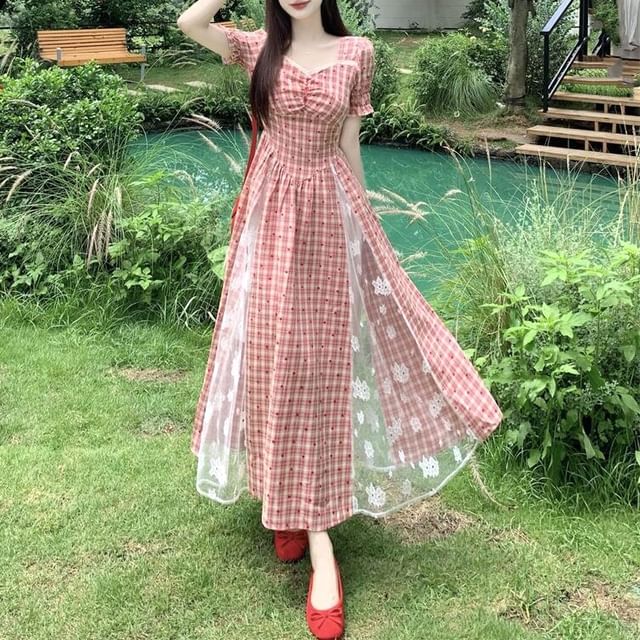 a line gingham dress Breeze-In Blue Checks Georgette A-line Dress – Ruffleberry main image 1