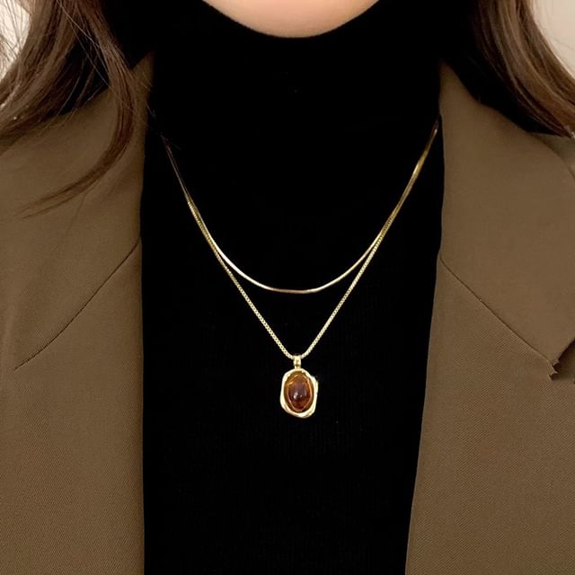 Hansha-Cabochon Pendant Necklace Plain Necklace Set