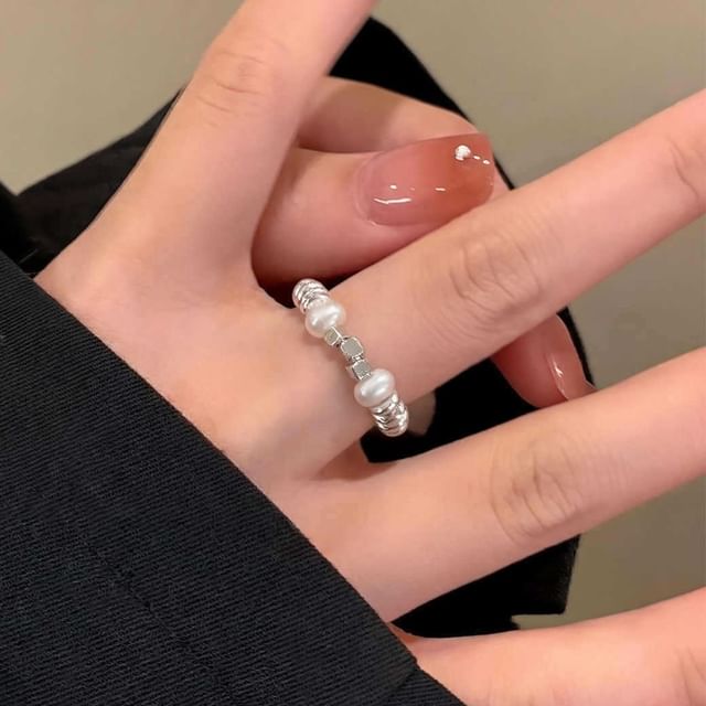 Hansha-Faux Pearl Cube Geometry Ring